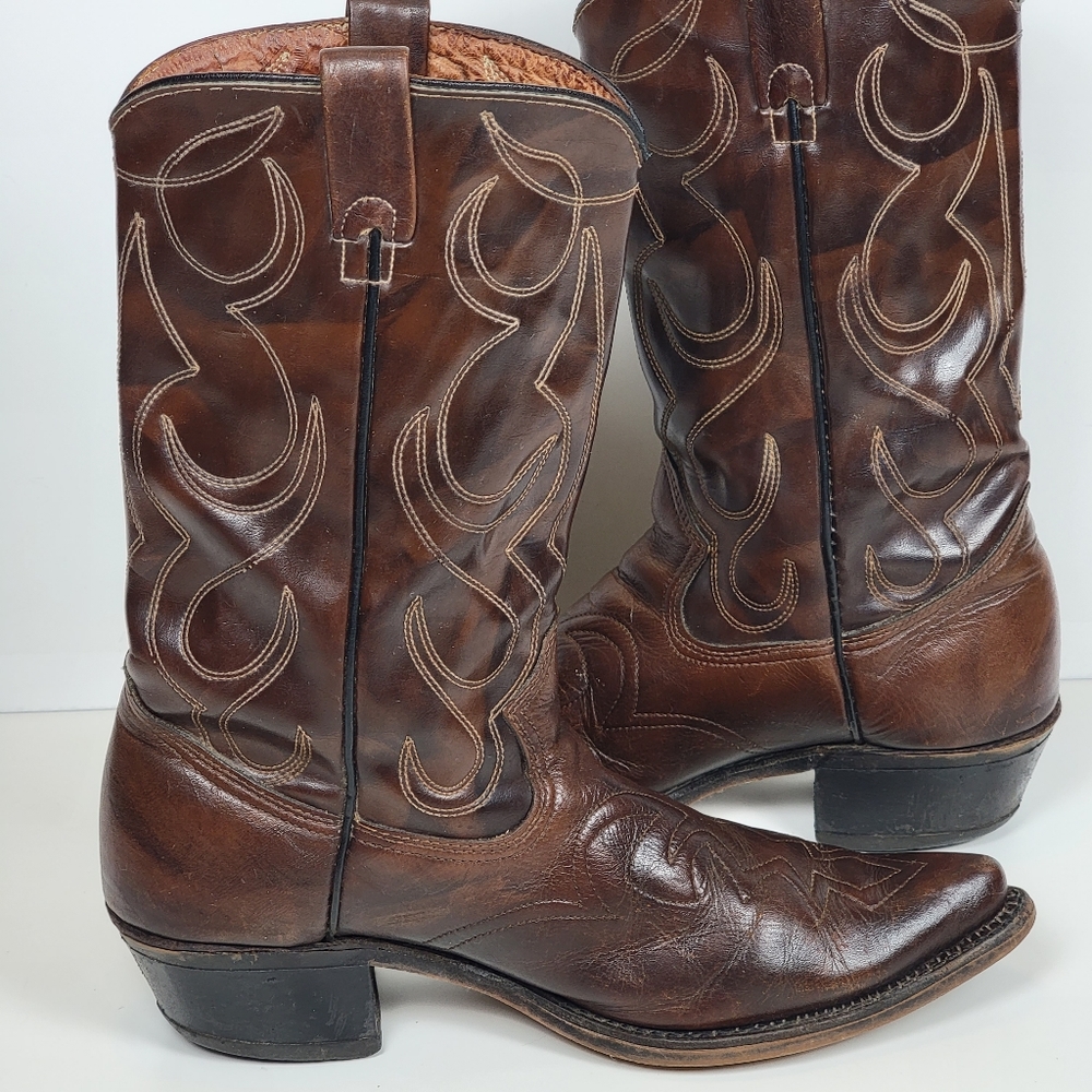 F.D. Vintage Brown Embroidered Pointed Toe Block Heel Cowboy Boots, USA Made,9.5